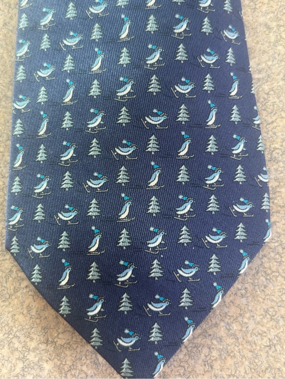 Hermes Navy Blue Silk Tie with Penguin Motif - Picture 5 of 5